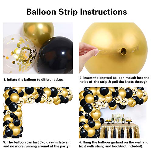 RUBFAC Black and Gold Balloons Garland Arch Kit，New Years Eve Party Balloons with Black Gold Confetti Balloons for Graduation Birthday Party Decorations