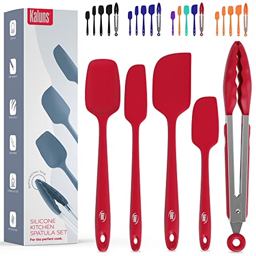 Kaluns Silicone Spatula Set 5 Pcs Rubber Spatulas Silicone Heat Resistant 600°F, Spatulas for Nonstick Cookware, Seamless Design with Stainless Steel Core, Dishwasher Safe, Bonus Tongs Included