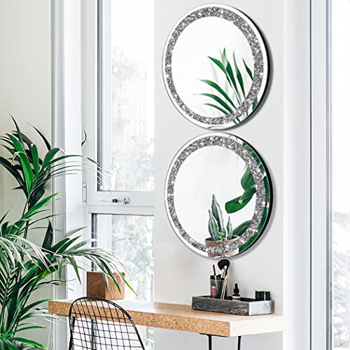 QMDECOR Crystal Crush Diamond Silver Mirror 2 Pack Diameter 12inch Round Shape with Iron Chain Real Glass Mirror for Wall Decor
