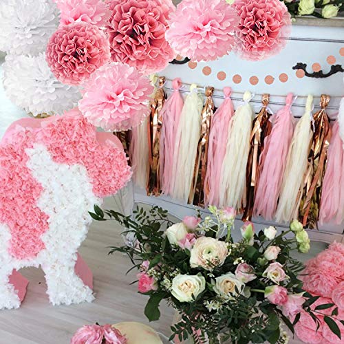 OuMuaMua Pink Rose Gold Birthday Party Decorations Set, Rose Gold Glittery Happy Birthday banner, Tissue Paper Pom, Circle Dots Garland and Tassel Garland for Birthday Party Decorations