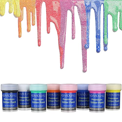 individuall Glitter Paint - Set of 8 Sparkly, 20mL Acrylic Paints with Metallic Shimmer - Art Supplies for Canvas, Paper, Wood, Metal and Plastic - Gifts for Artists﻿