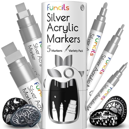 Funcils 5 Acrylic Silver Paint Pen - Silver Marker Metallic Paint Pens for Fabric, Wood, Canvas, Leaf, Metal, Glass - Silver Paint Pen Fine Tip, Thin Point & Jumbo (1mm, 3mm, 6mm, 10mm, 15mm)