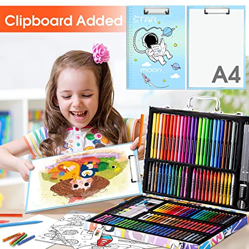 POPYOLA Art Supplies, 180 Piece Drawing Painting Art Kit with Clipboard and Coloring Papers, Gifts Art Set Case with Oil Pastels, Crayons, Colored Pencils, Watercolor Cakes
