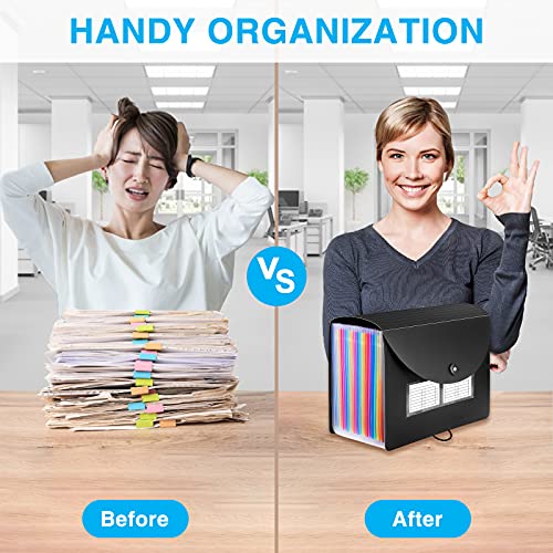 24 Pockets Expanding File Folder with Blank Labels, According File Organizer with Expandable Cover, Desktop Accordion Folders Letter A4 Paper Document Storage Organizer, Black