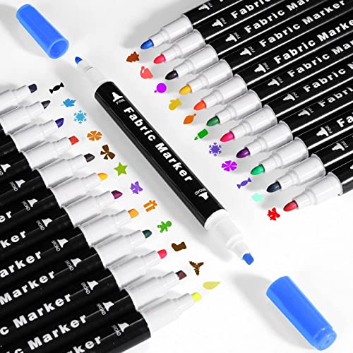Fabric Markers Pen, Emooqi 24 Colors Fabric Paint Art Marker Set Double-Ended Fabric Markers with Chisel Point and Fine Point Tips, Child Safe & Non-Toxic