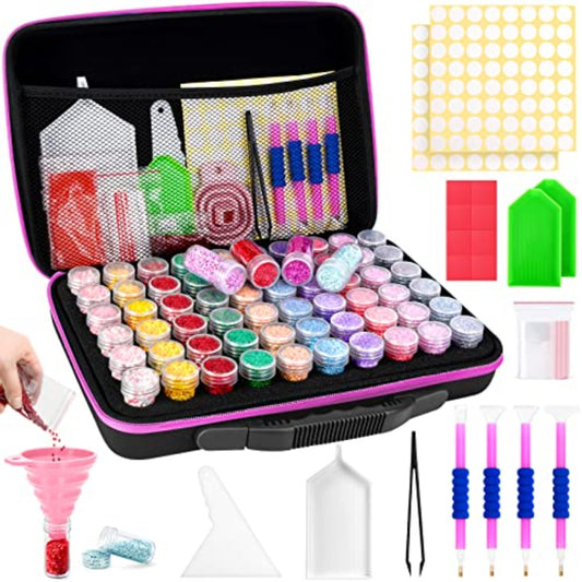 FUNDAFUL Diamond Painting Storage Containers, 60 Slots Diamond Art Accessories and Tools, Diamond Art Organizer with Diamond Painting Kits Shockproof Jars for Jewelry Beads (Pink)