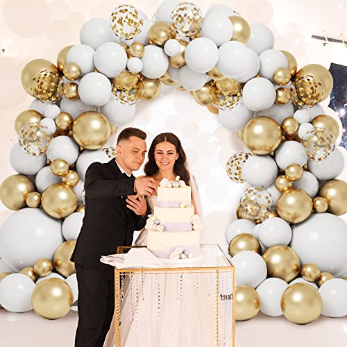 RUBFAC White Gold Balloons Garland Arch Kit with Gold Confetti Balloons for Baptism Wedding Birthday Party Decoration