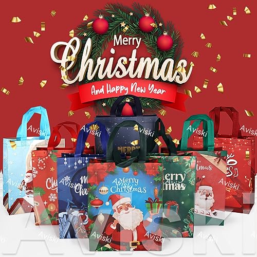 Aviski 8PCS Christmas Gift Bags,Christmas Tote Bags with Handles, Christmas Treat Bags, Multifunctional Non-Woven Christmas Bags for Gifts Wrapping Shopping, Xmas Party Supplies, 12.2×9.8×4.5inch