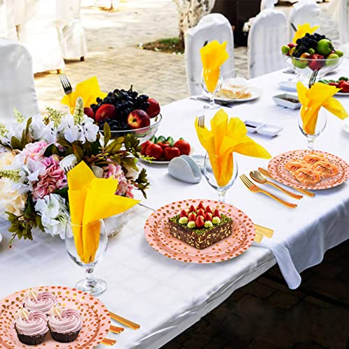 Dn Dennov 168PCS Pink and Gold-Pastel Party Supplies, Severs 24 Disposable Party Dinnerware Include Paper Party Plates, Cups, Napkins, Straw, Wooden Fork Spoon for Wedding,Christmas (Pink and Gold)