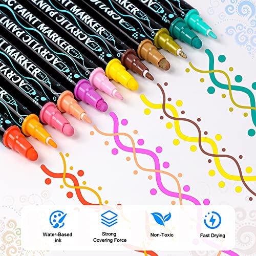GNIDVSDLF 12 Colors Acrylic Paint Pens,Paint Markers Dual Tip for Wood, Canvas, Stone, Rock Painting, Glass, Ceramic Surfaces,DIY Crafts Making Art Supplies