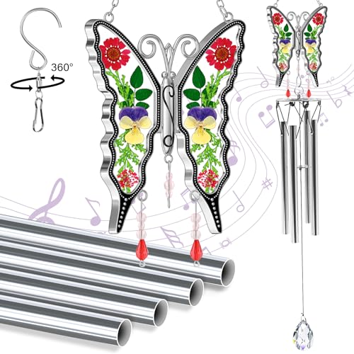 KY&BOSAM Wind Chimes Butterfly Wind Chimes for Outside Real Flower Outdoor Windchimes Gifts for mom Grandma Birthday Nana Gifts Garden Balcony Home Décor Wind Chimes with S Hook Memorial Wind Chimes