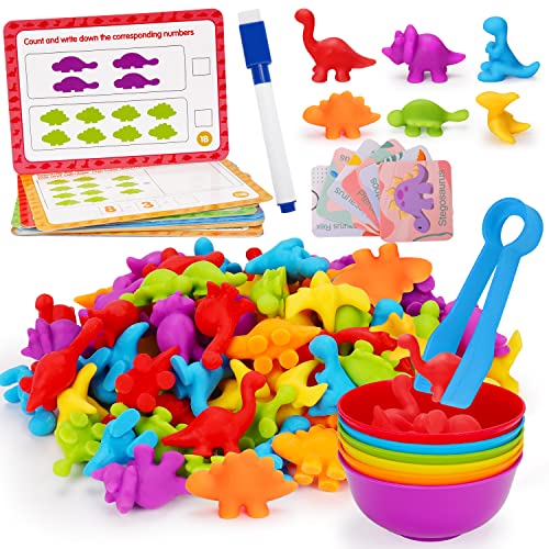 Counting Dinosaurs Toys Matching Games for Kids with Sorting Bowls Toddler Learning Activities Manipulatives Preschool Must Have Counters Montessori Fine Motor Skills Toys Age 2 3 4 5 Years (102 PCS)