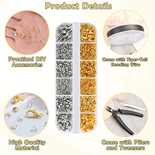 Acejoz 1200 Pcs Crimp Beads Kit for Jewelry Making, Crimp Beads, Covers, Tubes and Wire Guardians, Lobster Clasps, Jump Rings, Crimping Pliers and Beading Wire