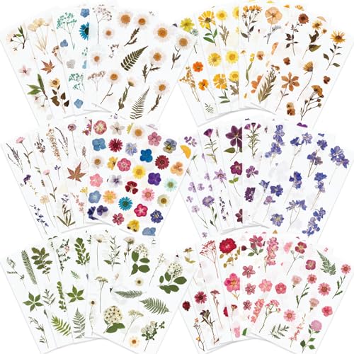 Knaid Pressed Flower Themed Stickers (Assorted 486 Pieces, 36 Sheets) Dried Floral Resin Stickers Decals Botanical Journaling Sticker for Scrapbook Supplies Junk Journal Bullet Journal Planner Laptop