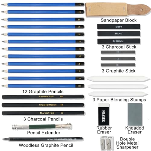 LUCYCAZ Drawing Sketch Set with Sketching, Graphite and Charcoal Pencils, Art Kit and Supplies for Kids, Teens and Adults