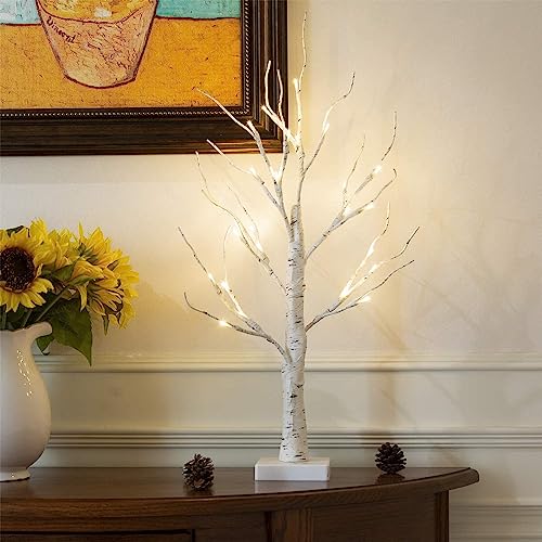 EAMBRITE Tabletop Tree Christmas Decorations, Mini Birch Tree with Lights, 24 LED Lighted Money Tree White Twig Tree Battery Operated with Timer, Home Centerpiece, Indoor Decor(2FT/Warm White)