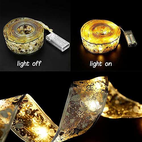 GIHOO Christmas Tree Decorations Gold String Lights 32ft (2x16ft) 100 LED Lights Copper Wire Ribbon Bows Lights for Holiday Christmas Party Indoor Decorations (Gold Warm Light Battery Powered)