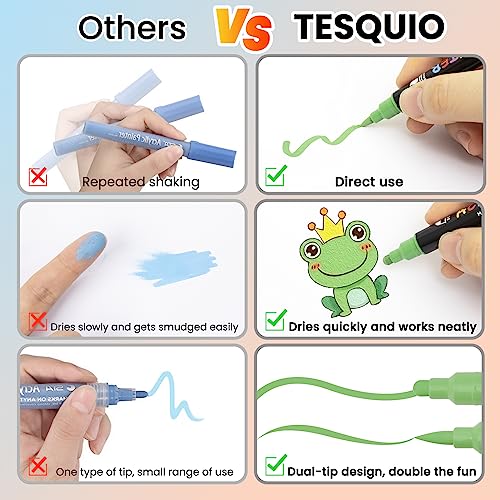 Tesquio Paint Pens, 18 Colors Acrylic Paint Pens Paint Markers, Dual Tip Pens With Medium Tip and Brush Tip for Rock Painting, Wood, Ceramic, Fabric, Canvas, Easter Eggs, Pumpkin Kit, DIY Crafts