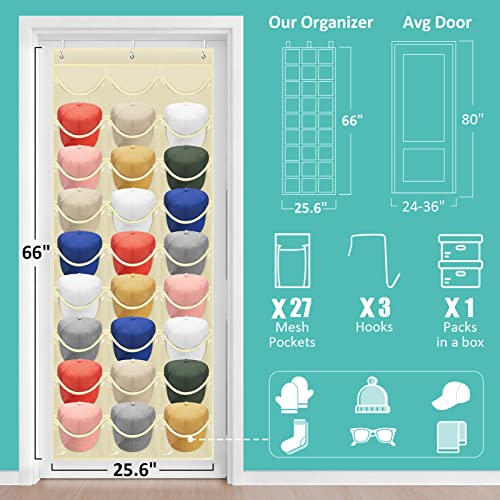 Hat Rack 27 Pockets - Hat Organizer For Baseball Cap - Hat Racks For Baseball Caps Hat Holder Hanging Over The Door Closet, Hat Storage With Large Clear Pockets & 3 Hooks For Baseball Cap& Cowboy Hat