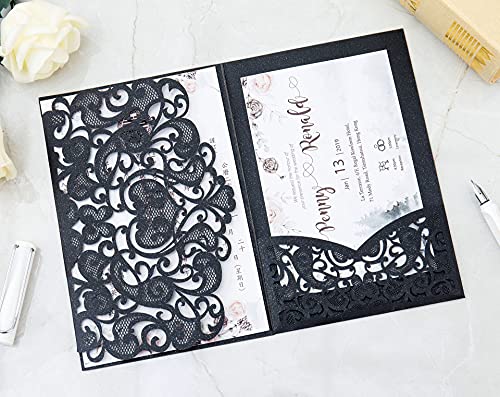 NC Cylallen 50 Sets Tri fold Love Hollow Laser cut Pocket Wedding Invite Invitation Card Jacket for Party Birthday Quinceañera Invite 4.92 by 7.28 inches (Black, Only Invitation cover)