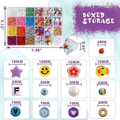 2989pcs 4mm Seed Beads for Bracelets Making, Colorful Candy Beads Kids Cute Polymer Letter Spacer Smiley Face Beads Hair Beads for Kids Crafts Pearl Rainbow Bead Girls Jewelry DIY Making Beading Kit