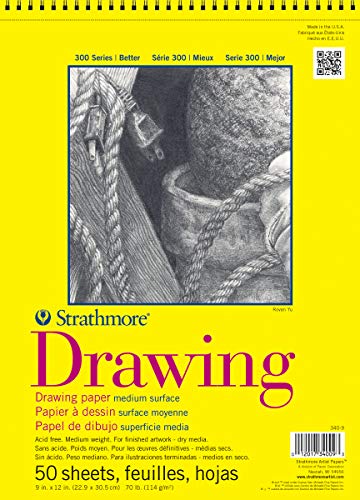 Strathmore 300 Series Drawing Paper Pad, Top Wire Bound, 9x12 inches, 50 Sheets (70lb/114g) - Artist Paper for Adults and Students - Charcoal, Colored Pencil, Ink, Pastel, Marker