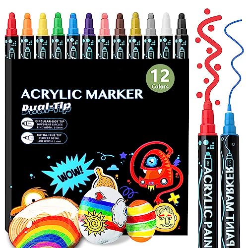 GNIDVSDLF 12 Colors Acrylic Paint Pens,Paint Markers Dual Tip for Wood, Canvas, Stone, Rock Painting, Glass, Ceramic Surfaces,DIY Crafts Making Art Supplies
