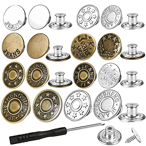 32 Sets Jeans Buttons Replacement, 17 mm and 20mm No-Sew Removable Metal Buttons Replacement Repair Combo Thread Rivets and Screwdrivers in Storage Box, Women and Men's Jeans Clothing Supplies