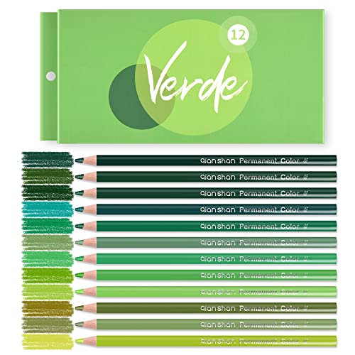 qianshan 12 Green Colored Pencils Oil Based Pre-sharpened Wooden Colored Pencil Set for Adults Coloring Books Drawing Sketching Art Supplies, No Duplicates