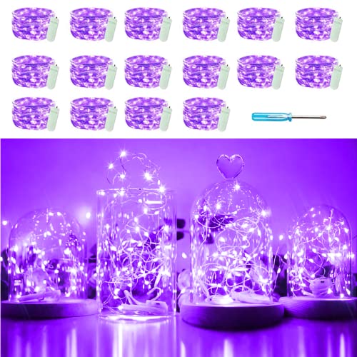 SunKite 16 Packs 20 LED Purple Fairy String Lights Battery Operated Waterproof 6.6 Feet Silver Copper Wire Firefly Starry Moon Lights for DIY Bottle Costume Wedding Party Bedroom Table Decor