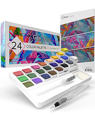 GenCrafts Watercolor Palette with Bonus Paper Pad 24 Premium Colors - 2 Refilable Water Brush Pens - 15 Sheets of Water Color Paper - Portable Painting