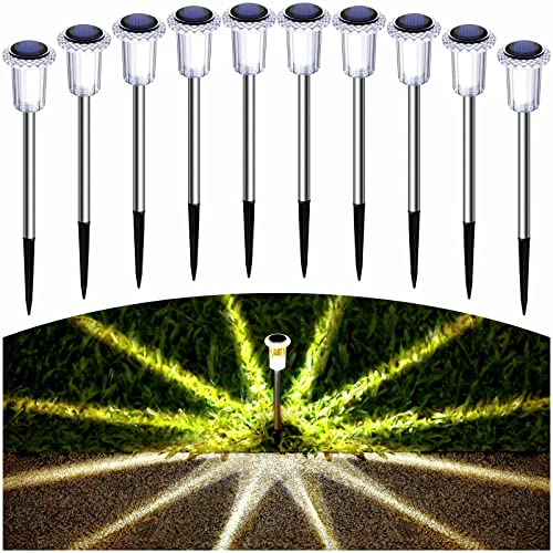 DenicMic Solar Pathway Lights 10 Pack Solar Lights Outdoor Waterproof Stainless Steel Garden Stake Lights for Pathway, Walkway, Driveway, Yard, Garden Decor (Warm White)