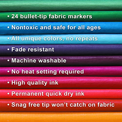 Best Fabric Markers (Pack of 24 Pens) Non-Toxic - Set of 24 Individual Colors - No Duplicates - Bullet Tip - Machine Washable Paint - Perfect for Writing on Clothes, Clothing, Jeans, Pants, and Shirts