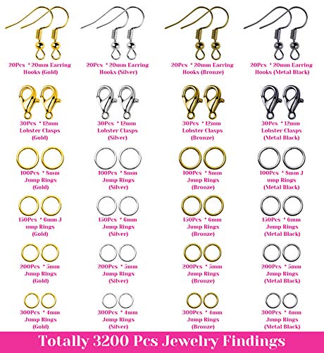 Paxcoo 3200Pcs Jewelry Necklace Repair Kit with Jump Rings, Clasps and Earring Hooks for Jewelry Making Supplies, Earring Making Findings and Necklace Bracelets Repair