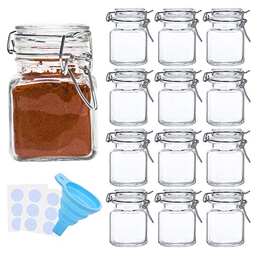 Spice Jars, SPANLA 12 Pack 4oz Small Glass Jars with Airtight Hinged Lid, With 12 Spice Labels & Silicone Funnels, Airtight Glass Jars for Spices, Art Craft Storage (12 Pack)