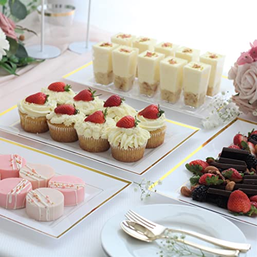 Mint Living - Elegant Plastic Serving Tray & Platter Set (6pk) - White & Gold Rim Disposable Serving Trays & Platters for Food - Weddings, Upscale Parties, Dessert Table, Cupcakes - 8 x 12.85 inches