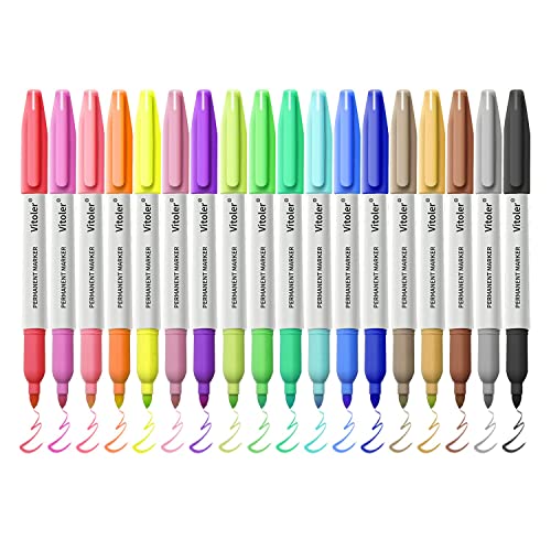 Vitoler 18 Assorted Color Permanent Markers,Fine Point Art Marker Pens Set for Adult Coloring Marking Doodling Painting on Plastic,Glass,Stone