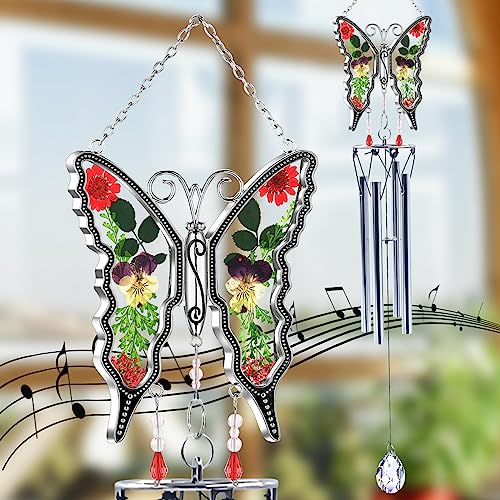KY&BOSAM Wind Chimes Butterfly Wind Chimes for Outside Real Flower Outdoor Windchimes Gifts for mom Grandma Birthday Nana Gifts Garden Balcony Home Décor Wind Chimes with S Hook Memorial Wind Chimes