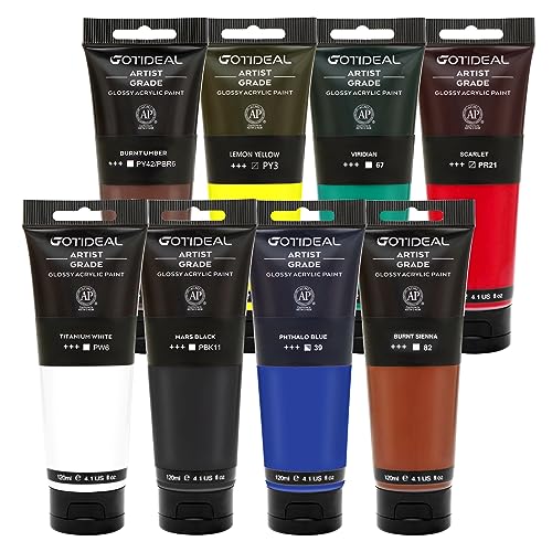 GOTIDEAL Craft Acrylic Paint Set,8 Primary Colors（(120ml,4 oz) Rich Pigments Non-Toxic Washable, Professional Paint for Pouring on Canvas, Rocks, Ceramic, Fabric, Leather, Ideal for Artist, Adults