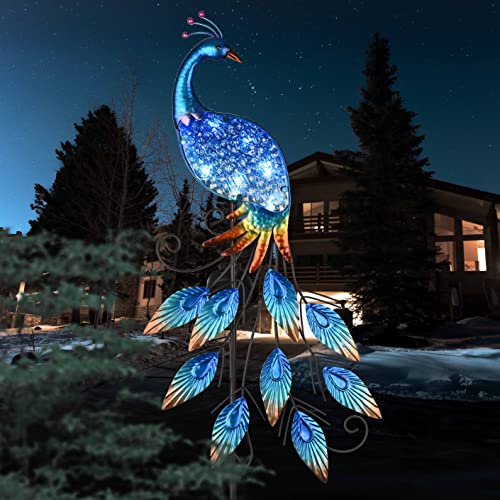 TERESA'S COLLECTIONS Outdoor Decor Peacock Yard Art with Solar Garden Stake Lights, 40" Glass Pathway Lights Lawn Ornaments for Patio, Backyard, Flowerbed, Pond, Outside Home Decorations