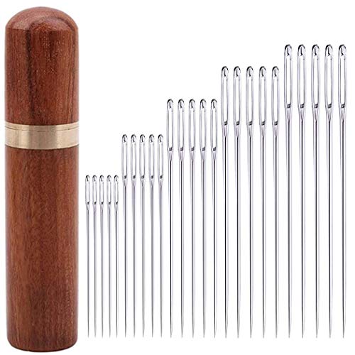 25Pieces Hand Sewing Big Eye Needles Sharp Needle，with Solid Wood Needle Case for