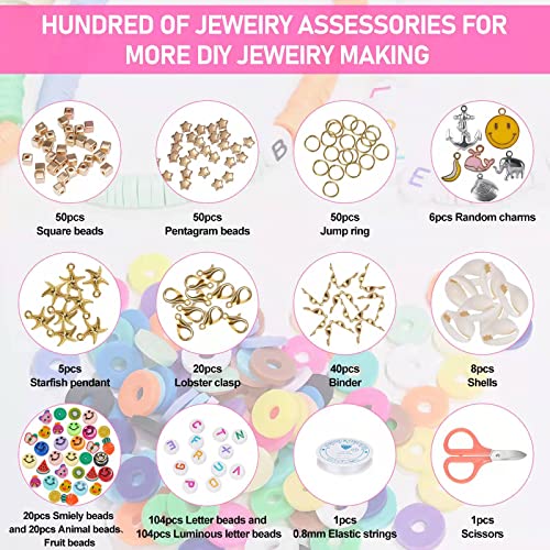 LZOUOWO 6100 Polymer Clay Beads for Bracelets Making Aesthetic Kit 24 Colors Flat Heishi Beads for Jewelry Making DIY Set with Letter Beads, Smile Face Beads and Charms for Girls Gift