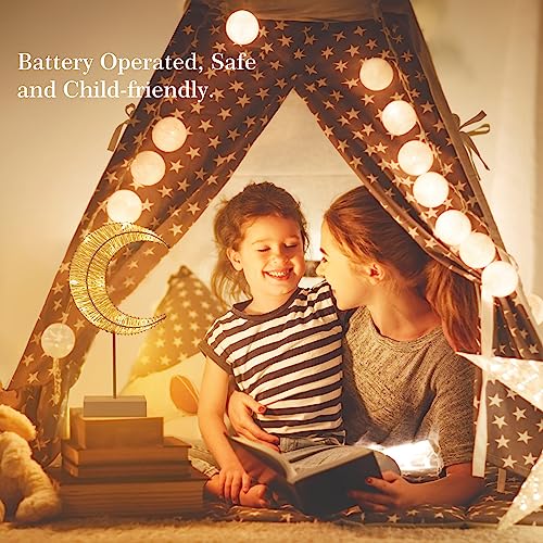 Lewondr Decorative Table Lamp, Battery Powered Christmas Moon Shape Ramadan Desk Lamp, Winding Thread Warm LED Crescent Light Xmas Home Bedroom Romantic Bedside Desktop Nightstand Decoration - White