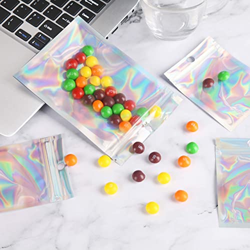 Malastar 3x4 inch 100PCS Resealable Smell Proof Bags,Holographic Packaging Bags, Foil Pouch baggies, Clear Small Mylar Ziplock Bag for Jewelry,Candy,Food Storage and Party Favor