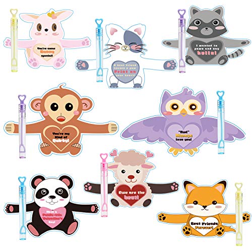ANYIDEA Valentines Day Cards for Kids Gifts - 32 Bubble Wands 32 Valentines Cards 80 Sticker Dots, Valentine's Day Party Favors, Animal Kids Vday Cards for School Valentines Classroom Exchange