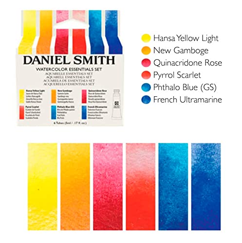 DANIEL SMITH 285610005 Extra Fine Essentials Introductory Watercolor, 6 Tubes, 5ml, Blue/Transparent/Yellow, 0.17 Fl Oz (Pack of 6)