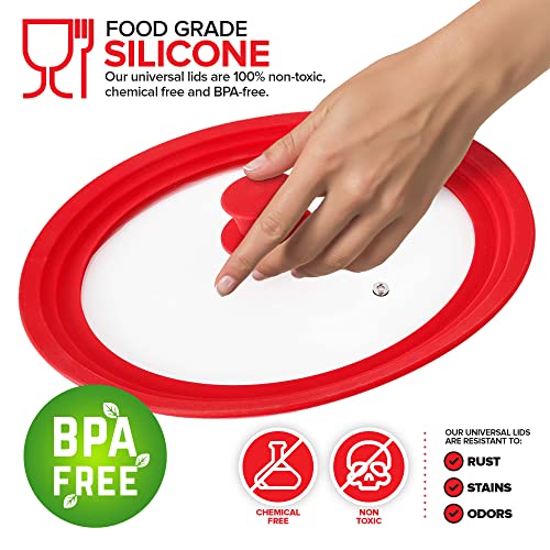 Modern Innovations Universal Lids (Set of 2) Fits 7 to 12-Inch Cookware, Silicone Replacement Pan Lid, Glass Top Covers for Skillets, Pots, Frying Pans, Cast Iron - Red