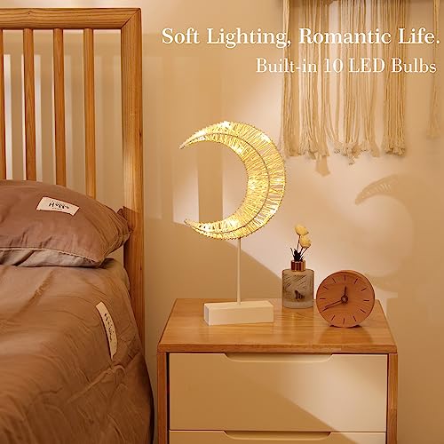 Lewondr Decorative Table Lamp, Battery Powered Christmas Moon Shape Ramadan Desk Lamp, Winding Thread Warm LED Crescent Light Xmas Home Bedroom Romantic Bedside Desktop Nightstand Decoration - White