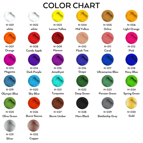 Nicpro 32 Colors Outdoor Acrylic Paint Bulk with Brush and Sponge, Knife, Non-Toxic Paint for Multi-surface Rock, Wood, Fabric, Leather, Crafts, Canvas, Shoes and Wall Painting