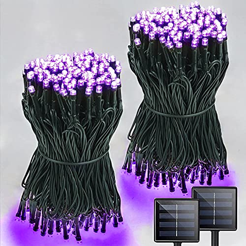 Super-Long 2-Pack Each 85FT Solar Halloween Lights Outdoor Waterproof, Upgraded Super Bright 8 Lighting Modes 480 LED Solar Outdoor String Lights for Halloween Decorations Party Garden Yard (Purple)